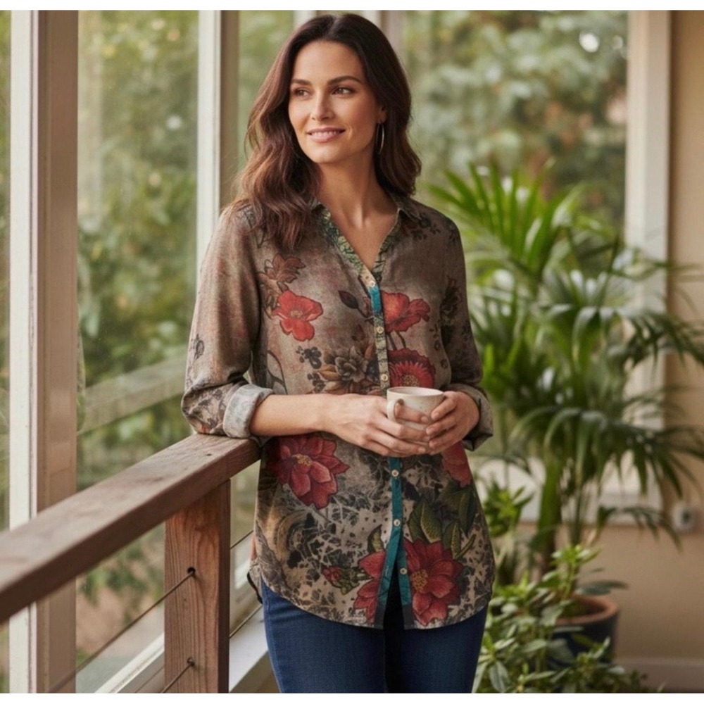 Soft Surroundings Womens Floral‎ V-Neck Button Front Tunic Top Red Gray L